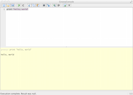 Screen shot of the Groovy Console application window with the hello, world script