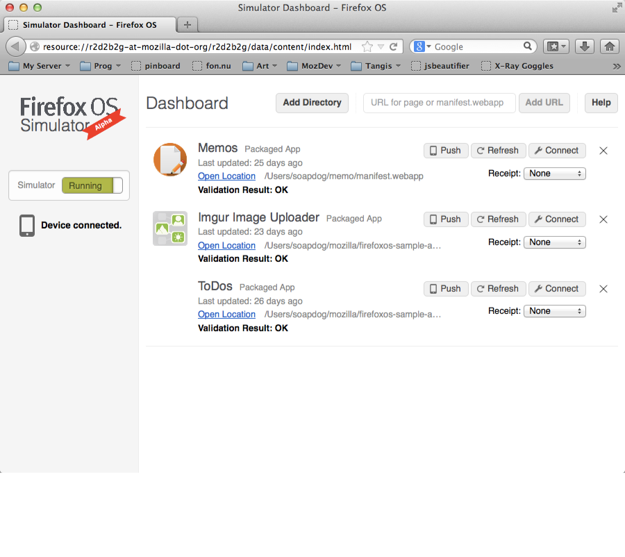 Dashboard do Simulador do Firefox OS
