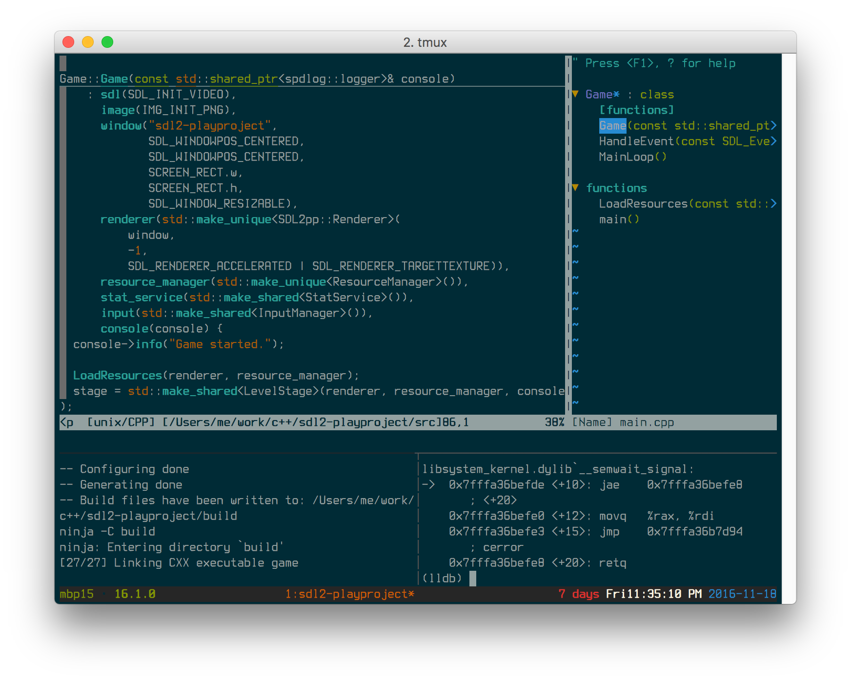 vim + building a C++ project w/ CMake + Ninja using entr to rebuild on file changes, LLDB bottom right