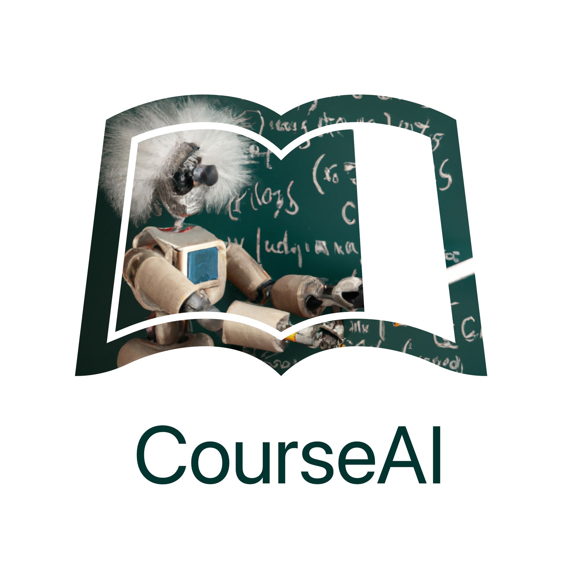 A robot professor pointing to a chalk board inside of the Leanpub CourseAI logo