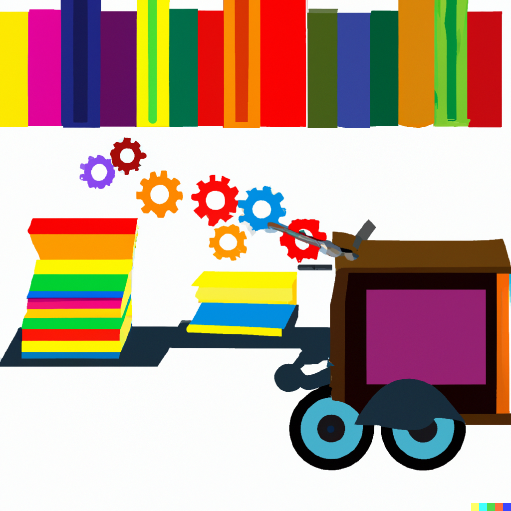 A cartoon machine taking stacks of books, sitting below a bookshelf