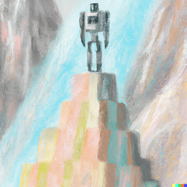 A pastel art draking of a robot on top of a mountain