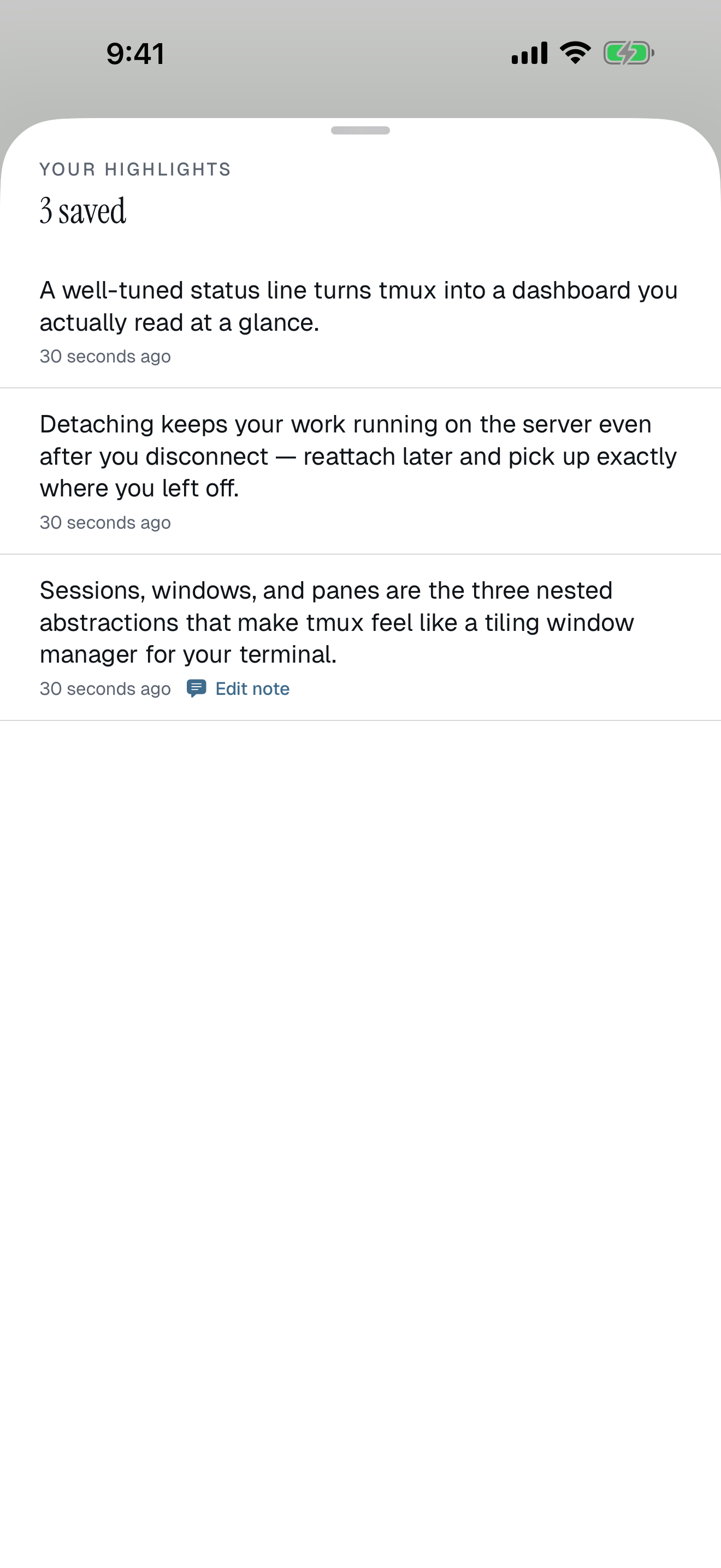 Saved highlights and notes in the Leanpub app