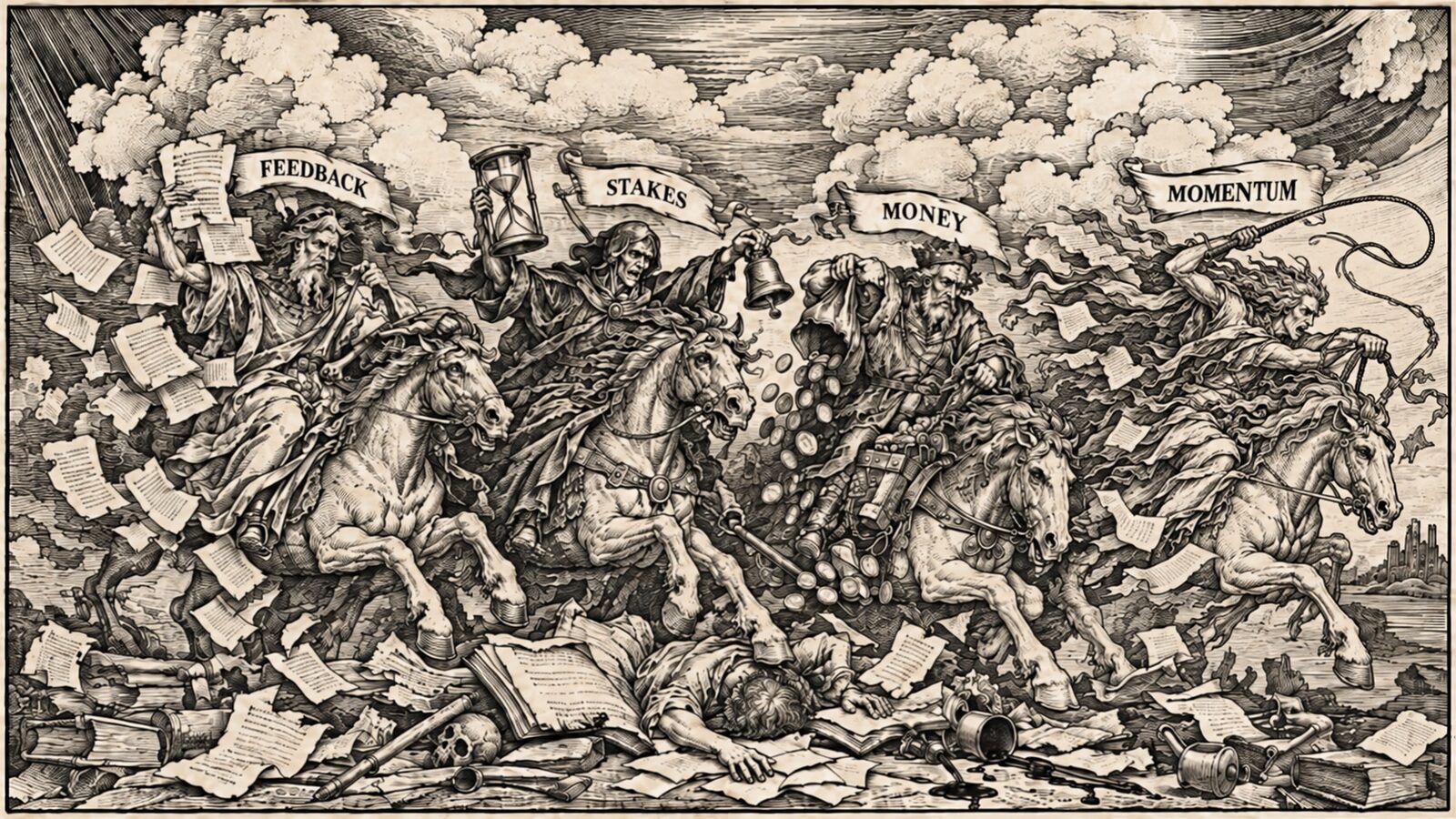 A woodcut of four horsemen labelled Feedback, Stakes, Money and Momentum riding over a fallen writer and the scattered pages of their manuscript