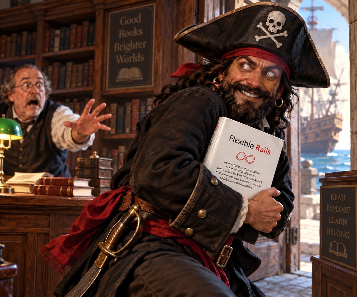 A grinning pirate running out of a bookshop clutching a copy of Flexible Rails while the bookseller shouts after him