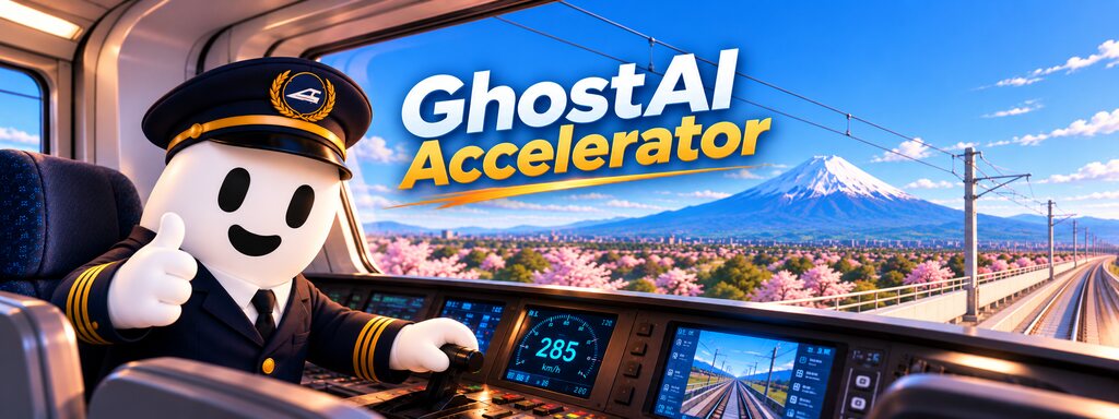 GhostAI, a smiling ghost in a train driver's uniform, gives a thumbs up from the cab of a bullet train at 285 km/h, with cherry blossoms and Mount Fuji ahead and the words GhostAI Accelerator across the sky.