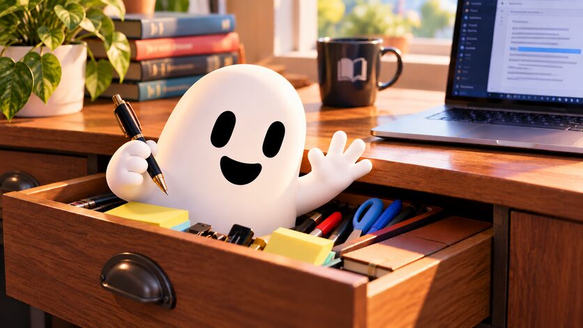 GhostAI, a smiling ghost, pops up out of an open desk drawer full of pens, sticky notes and scissors, pen in hand and waving, beside a laptop, a mug and a stack of books by a sunny window.