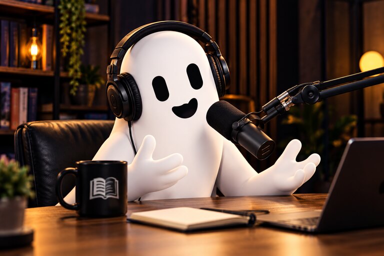 GhostAI, a smiling ghost in headphones, talks into a podcast microphone at a wooden desk in a warm, book-lined studio, with a notebook, a mug and a laptop in front of it.