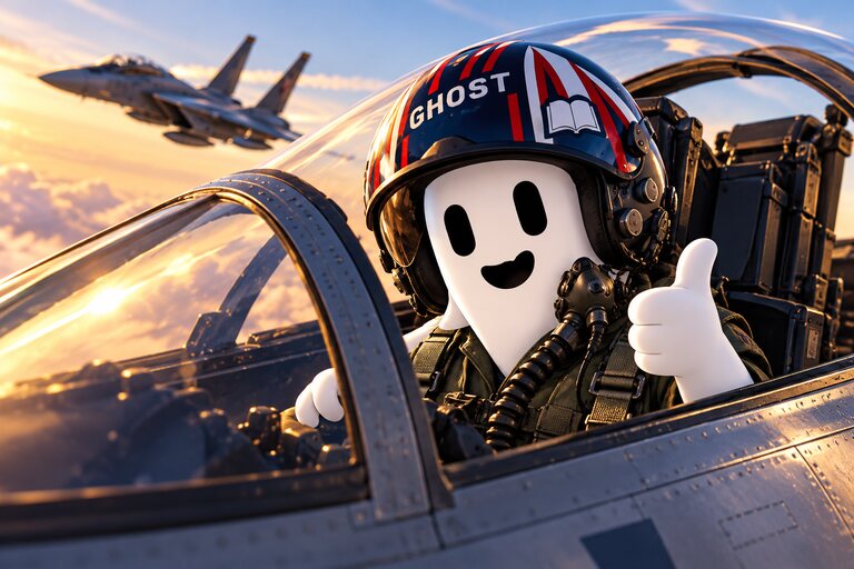 GhostAI, a smiling ghost in a fighter pilot's helmet marked GHOST with an open book on it, gives a thumbs up from a jet cockpit at sunset, with a wingman's jet flying alongside.