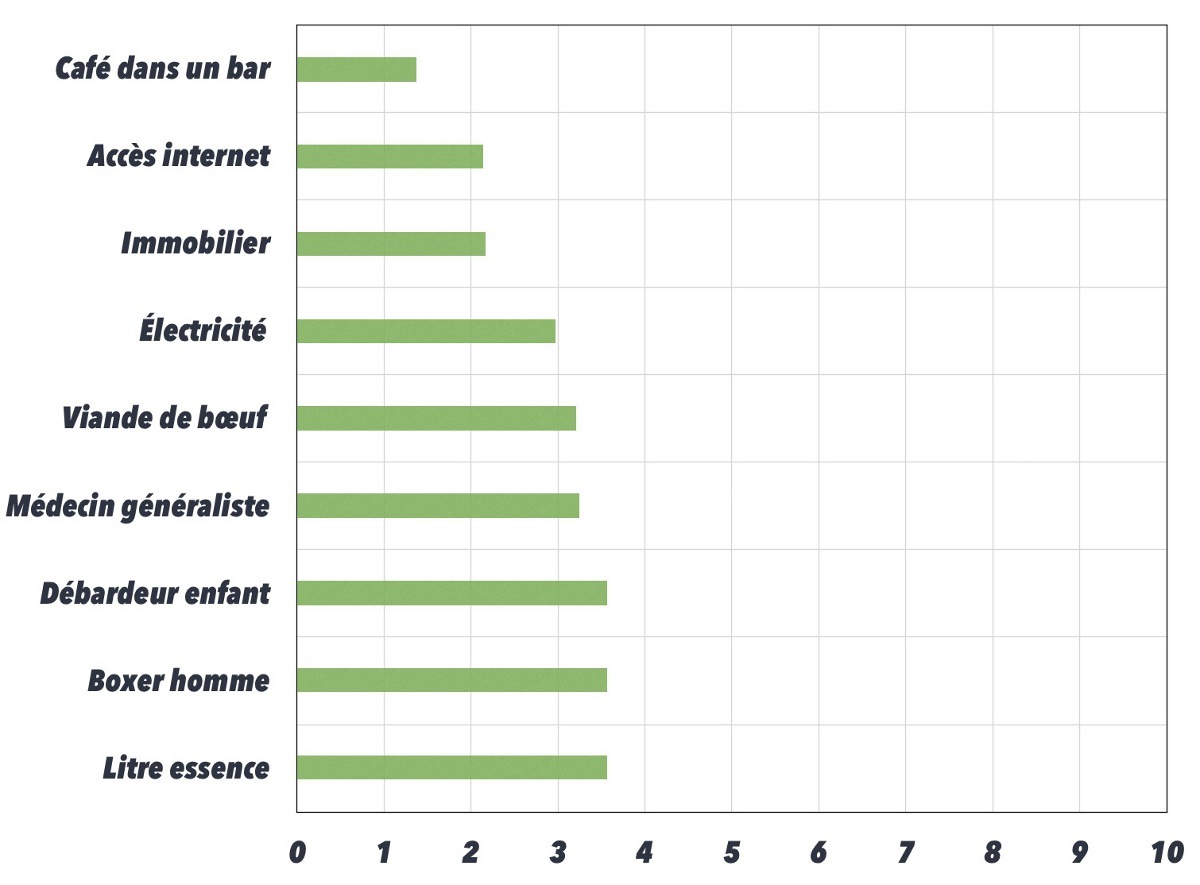 Biens et services "raisonnablement" plus onéreux en Tunisie qu'en France. Ratios entre prix en Tunisie & France, exprimés en temps de travail d'un professeur.
