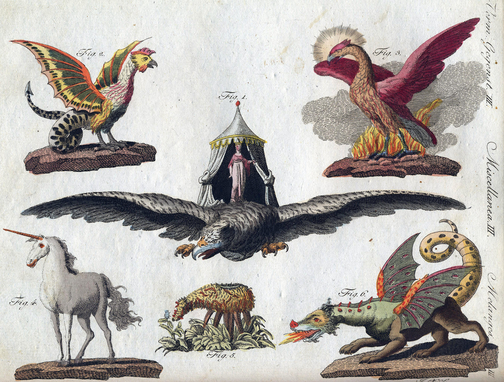 Mythical creatures; clockwise from bottom-left: Unicorn, Griffon, Phoenix, Dragon, Roc (center)