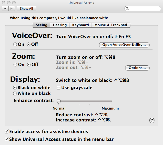 **Figure: OSX Accessibility Settings**. Mac OSX Accessibility Settings are built right into the Operating System. Notice that keystrokes need not originate at the keyboard --- and that shortcuts exist for all commands. ---Image Credit: Apple.