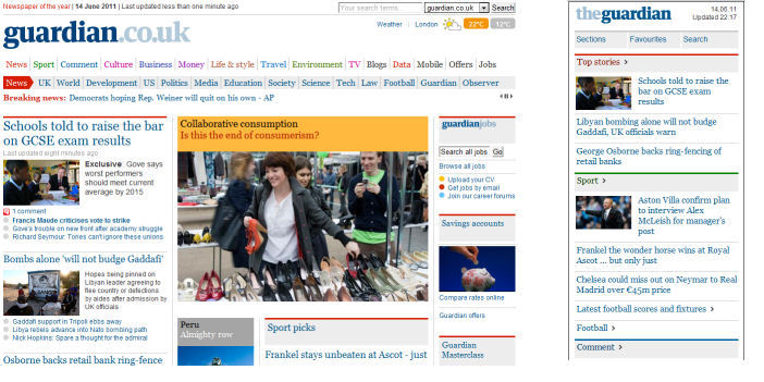 **Figure: Guardian's Adaptive Website**. The Guardian's Adaptive Website, allows delivery to different form factor devices. ---Image Credit: Guardian's Adaptive Website.