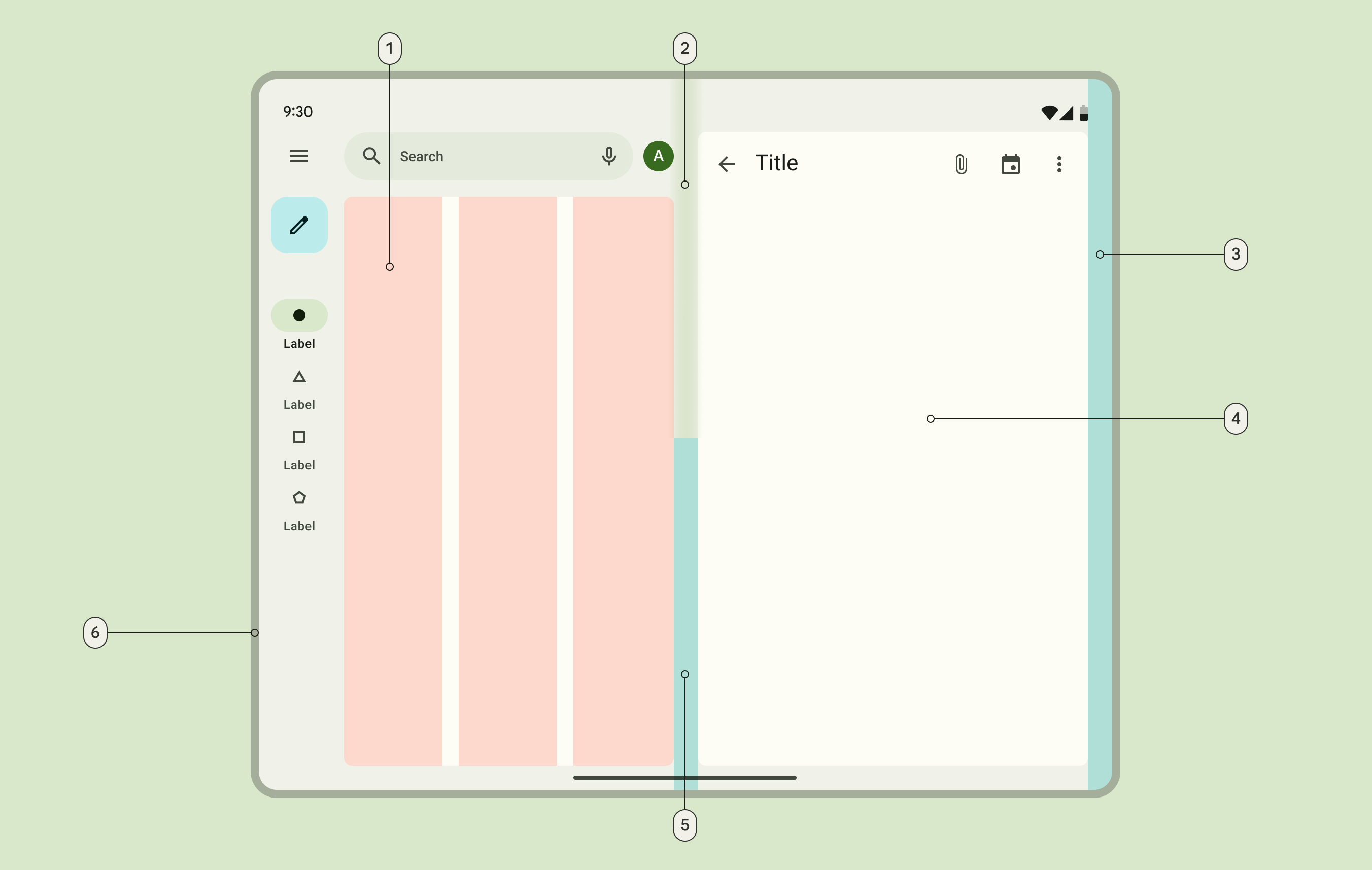 **Figure: Material Page Example**. 1, Column; 2, Fold; 3, Margin; 4, Pane; 5, Spacer; and, 6, Window. Material Design is a design language and system developed by Google, which provides a set of principles, guidelines, and tools for designing digital interfaces and applications. Material Design was introduced in 2014 and has since become a popular design system used by designers and developers worldwide. --- Image Credit: Material.io.