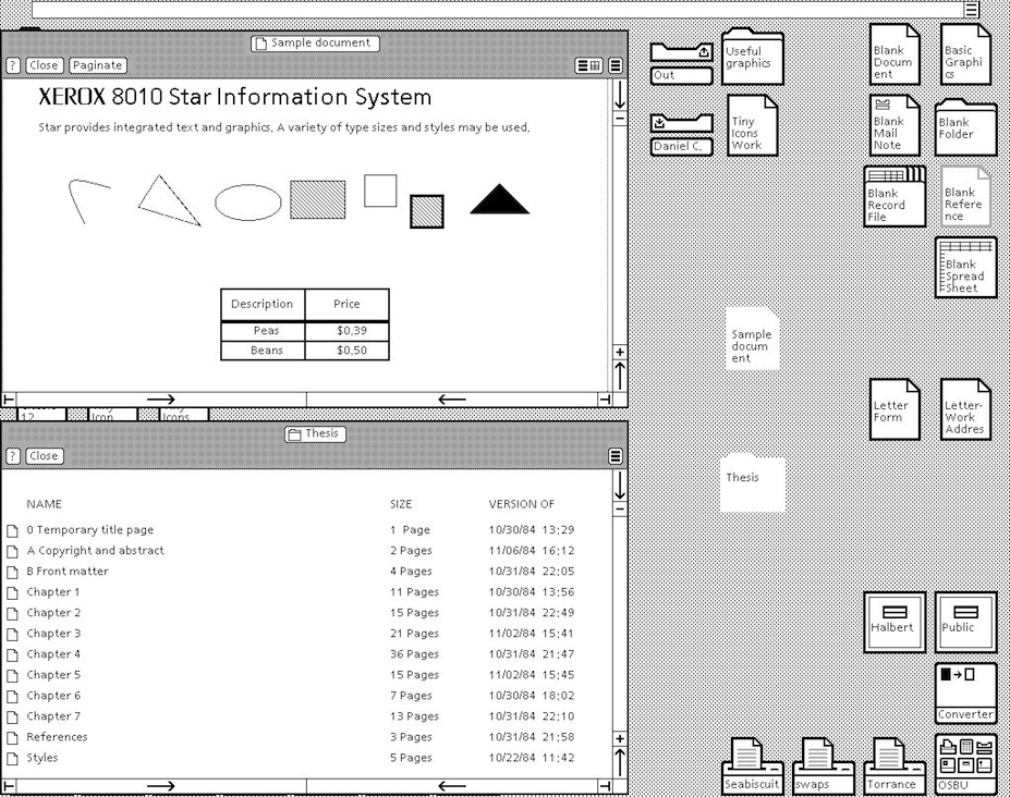 **Figure: Xerox Star Desktop**. Xerox Star Desktop; for a system designed 40 years ago, how different is this from our modern desktops? ---Image Credit: http://toastytech.com.