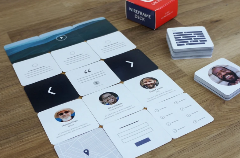 **Figure: UX Cards**. UX Cards are a good jump between freehand and more formal where the formal style is still ammenable to fast low entropy changes by users and none experts. These cards have slightly more fidelity, if you look, they're not so sketchy looking anymore. And then much more like widgets that you might see nicely printed. And this is like a slide deck, which you could create different sizes of screens. And you can have some way you've got the actual fidelity of say, an image there. But on the back of that, you can flip it over. And it actually gives you that this is an image. And it's just a blank image. So some of it looks like a wireframe. And some of it looks like it's got a high fidelity.  —Image Credit: https://uxkits.com/.