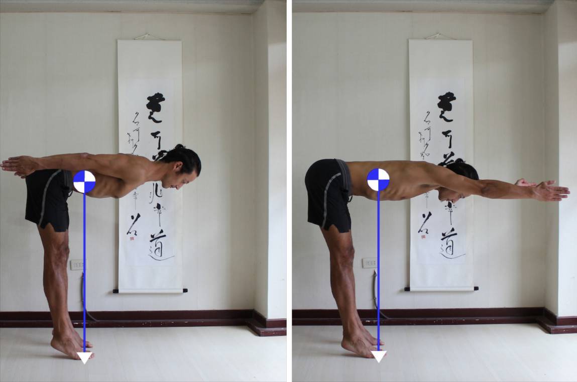 1. In the first picture my legs are more vertical. My center is further away from my head 2. In the second picture, with my arms reaching forwards, my legs are angle to the left. My center has moved closer to my head