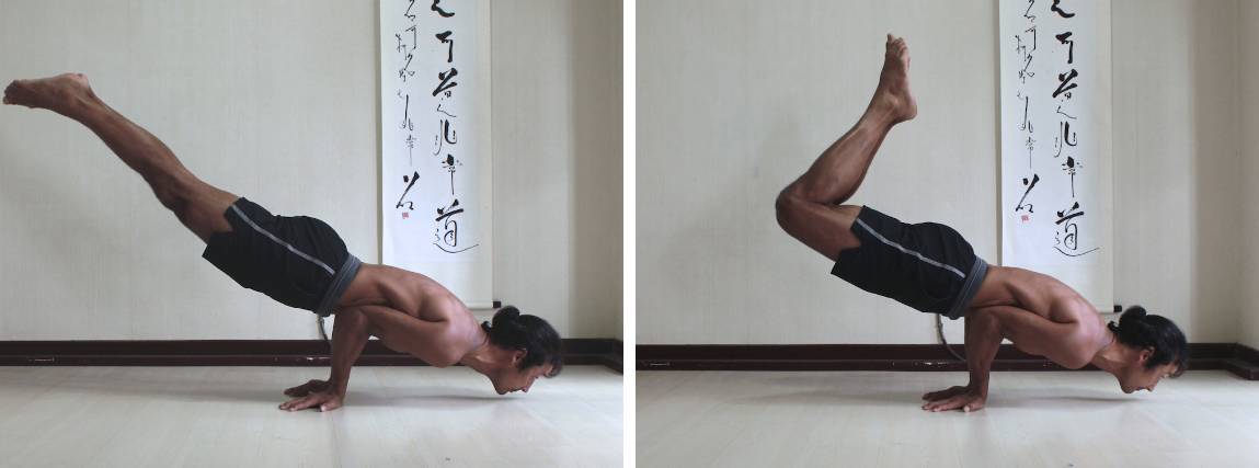 1. Peacock pose (mayurasana) with knees straight. 2. With knees bent.