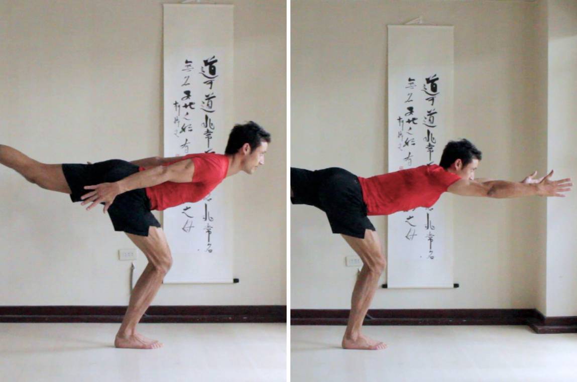 Warrior 3 with Standing Knee Bent:  
1. Arms back.   
2. Arms reaching forwards.