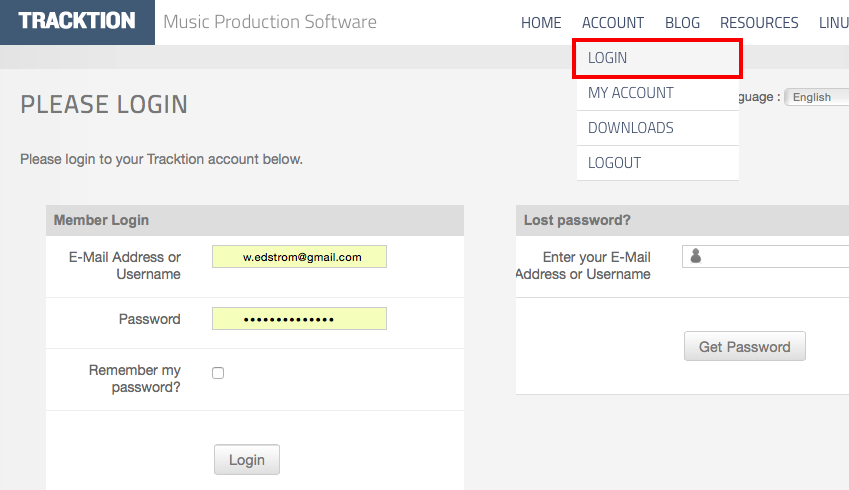 Account > Login at Tracktion.com