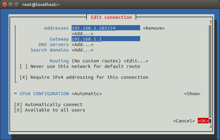 Fig 50:Adding a default gateway with nmtui