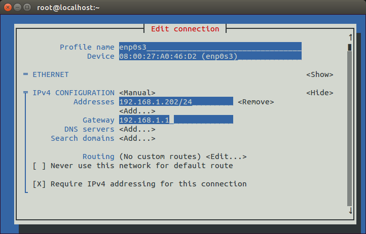 Fig 49:Adding a default gateway with nmtui