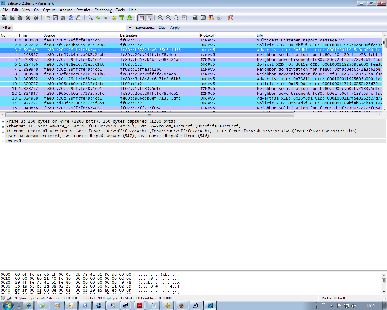 Fig 61: Monitoring the DHCPv6 traffic with Wireshark