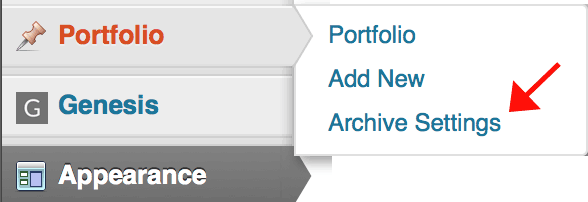 The custom post type archive settings link on the admin menu