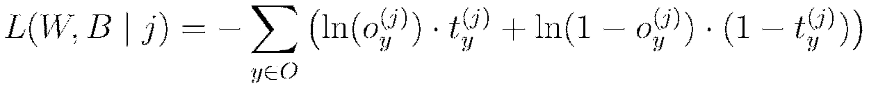 L(W,B \mid j) = -\sum\limits_{y \in O} \left(\ln(o_y^{(j)}) \cdot t_y^{(j)} + \ln(1-o_y^{(j)}) \cdot (1-t_y^{(j)})\right) 