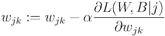w_{jk} := w_{jk} - \alpha \frac{\partial L(W,B | j)}{\partial w_{jk}}