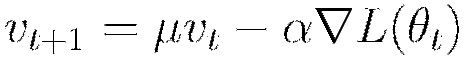 v_{t+1} = \mu v_t - \alpha \nabla L(\theta_t)