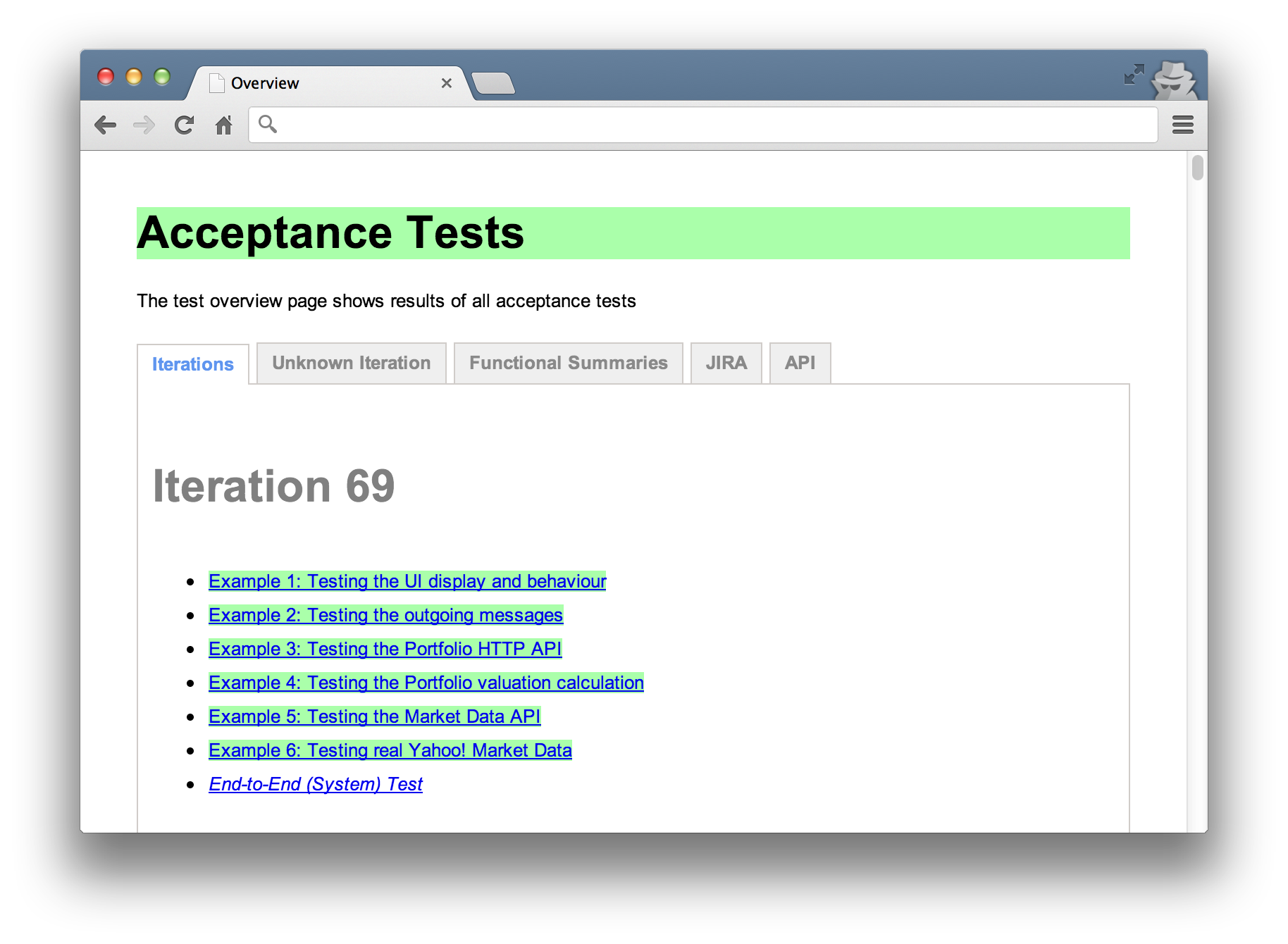 An example of a Concordion HTML overview. Tests are grouped under tabs and users can drill down into the detail.