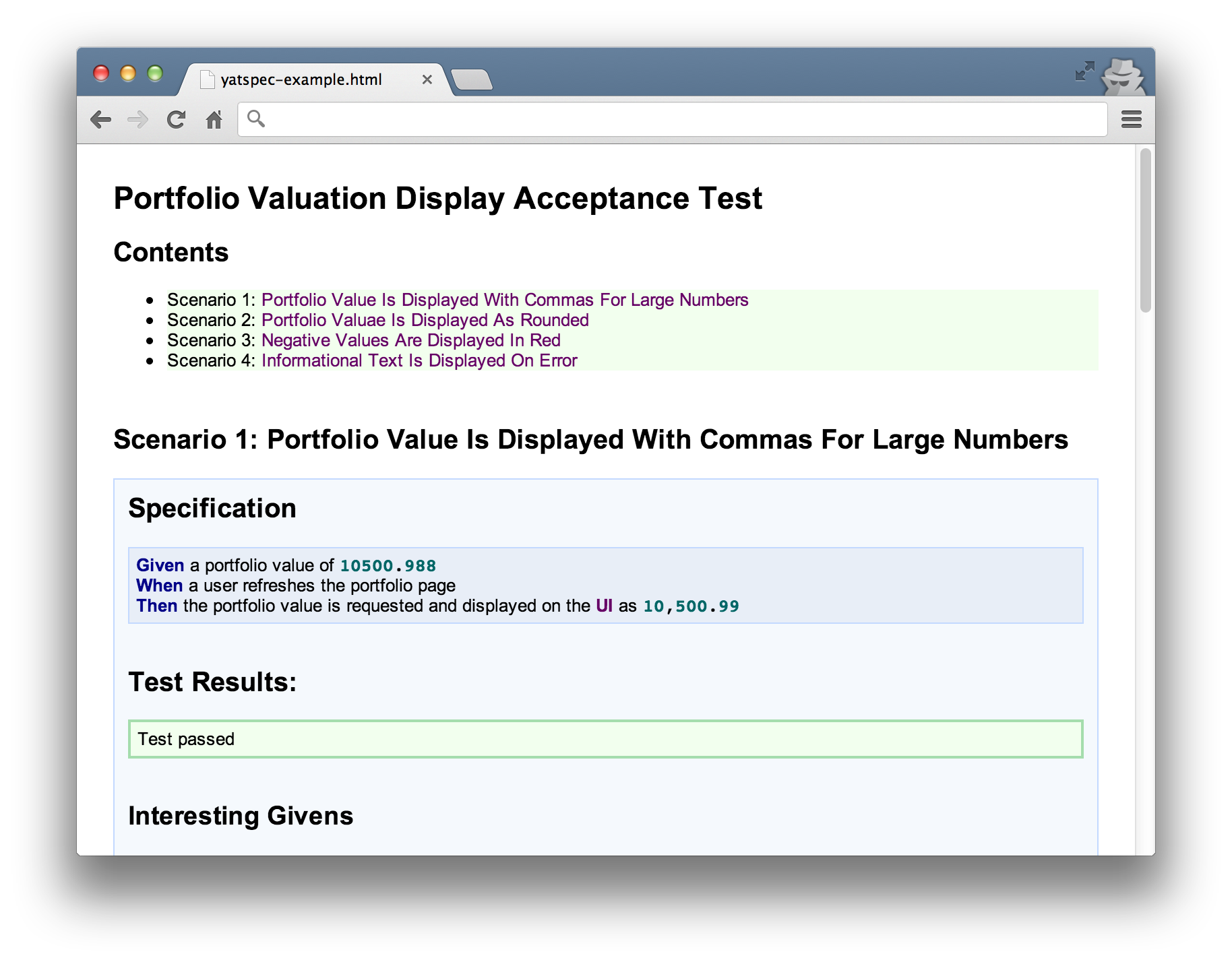 Example of Yatspec output documenting system behaviour. The test code logs runtime behaviour