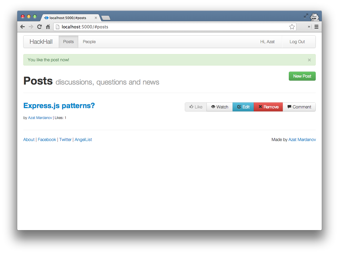 The HackHall Posts page with a liked post.