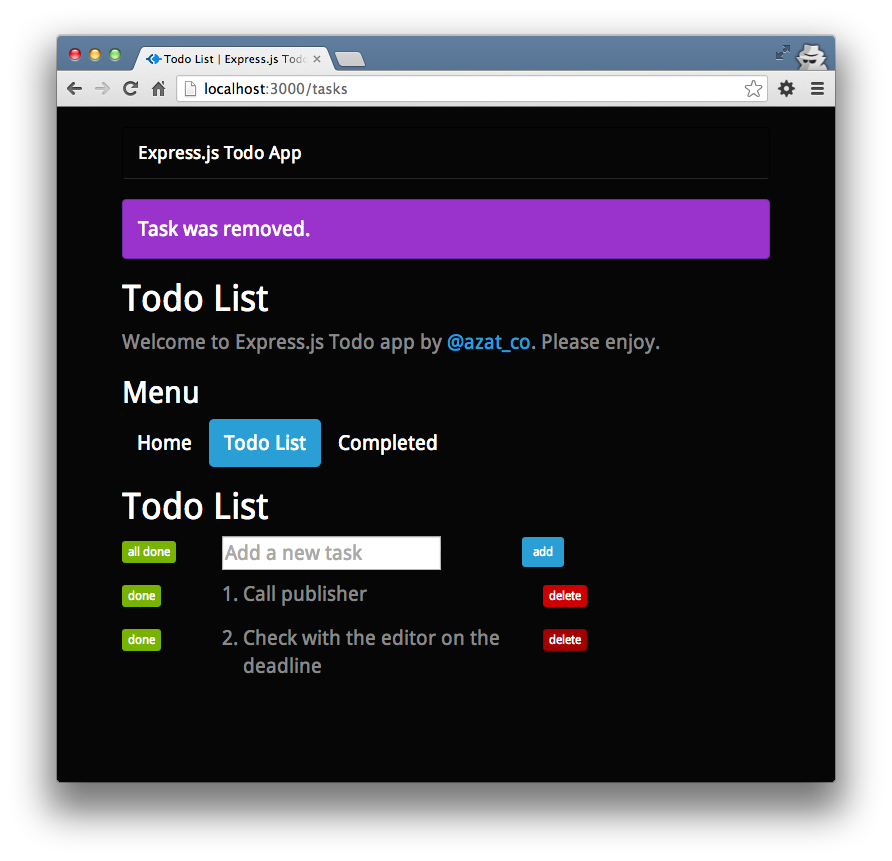 The Todo List page with removed tasks.