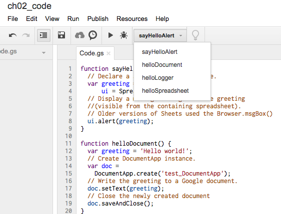 Figure 2-1: Google Apps Script Editor displaying the code and the “Select function” drop-down list.