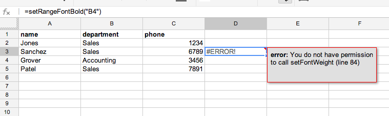 Figure 3-1: Error displayed when calling a function with side effects from a spreadsheet.