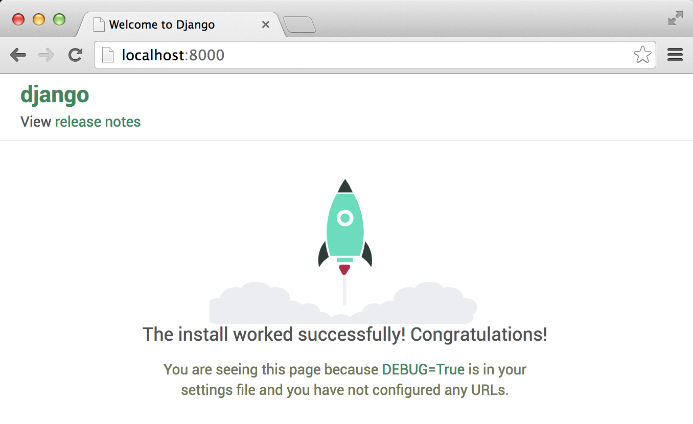 What you should see if you correctly installed Python and Django and started the local web server.