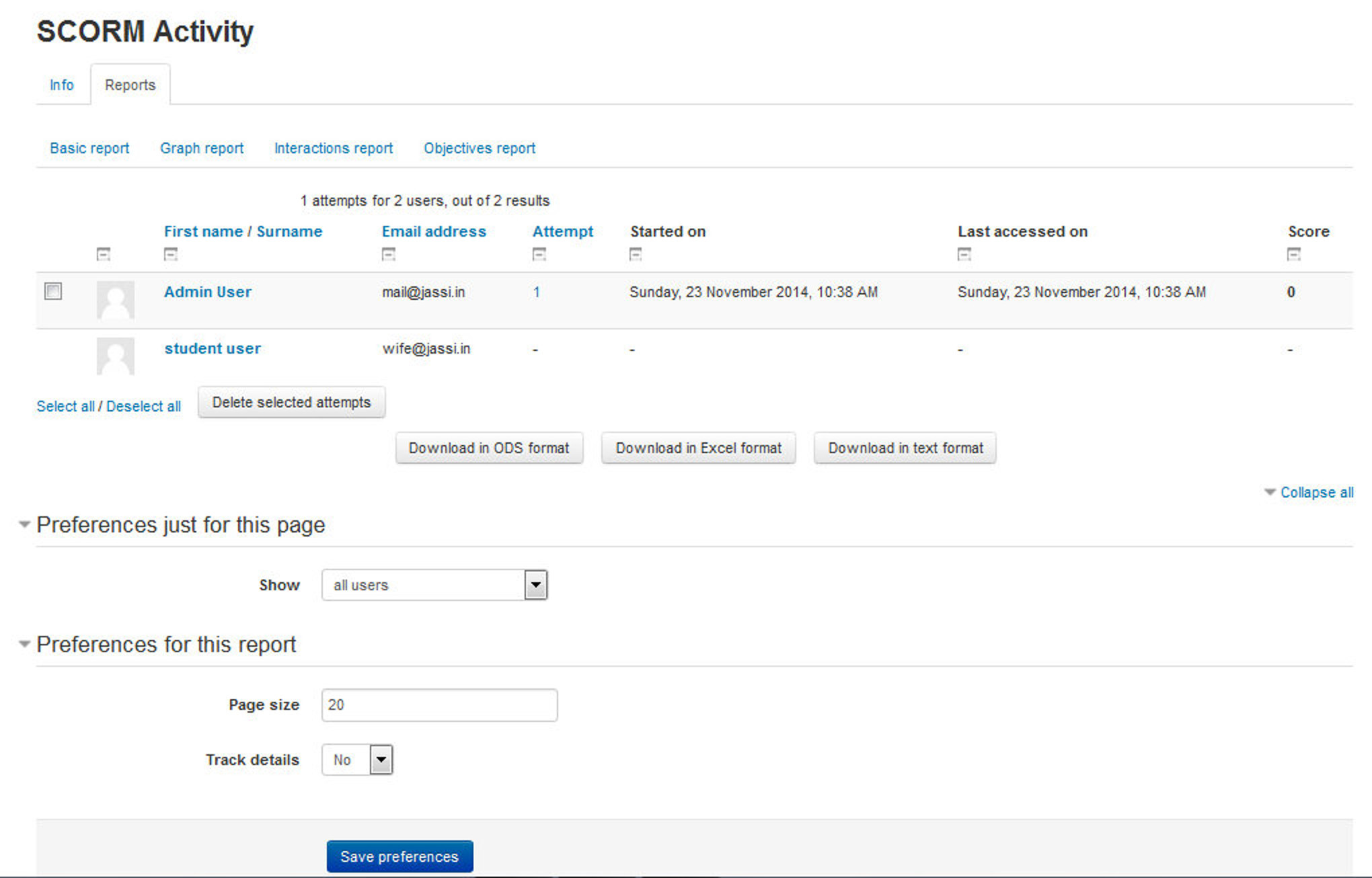 Figure 17-3 SCORM activity reports page