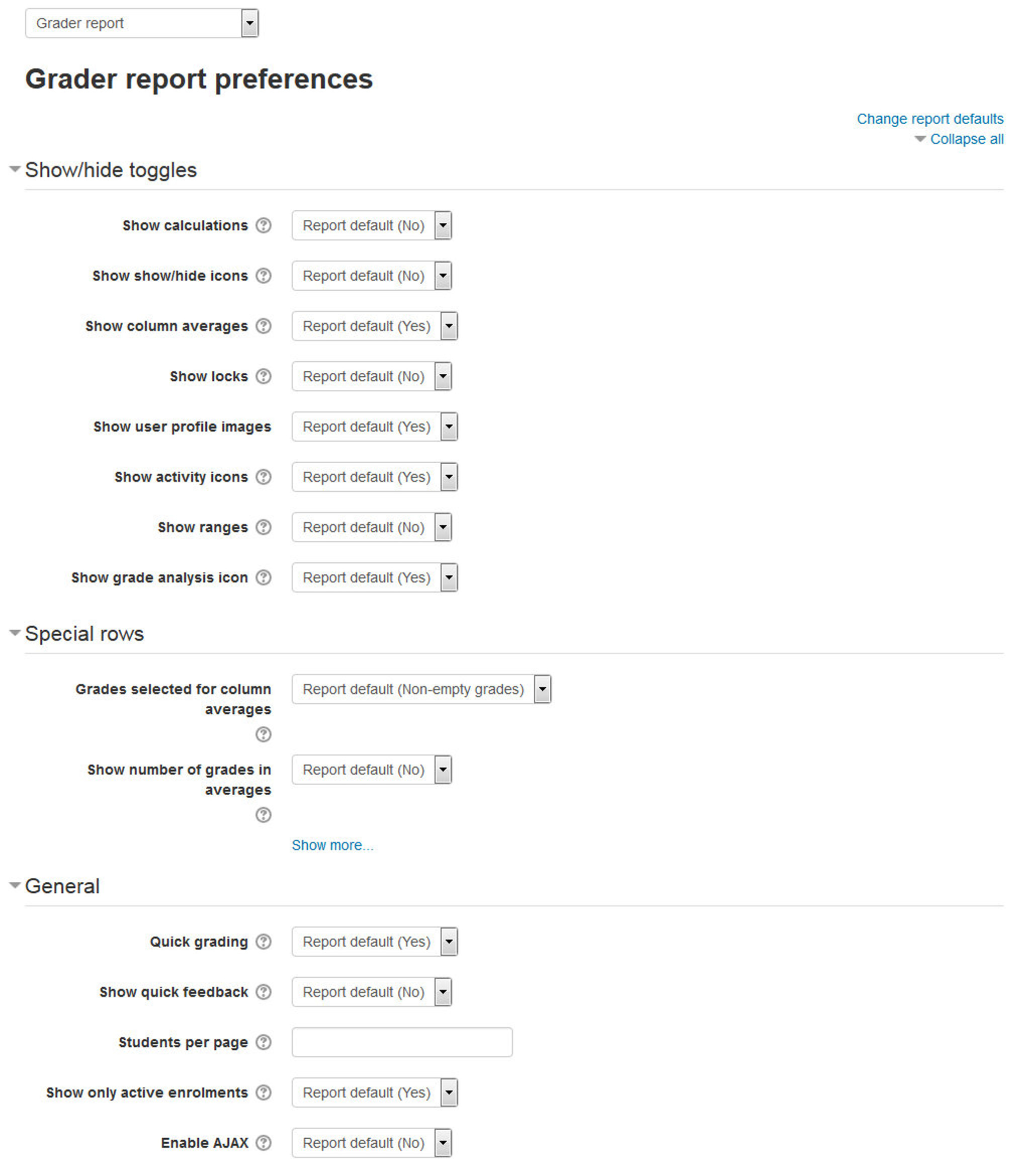 Figure 18-2 Setting Grade report preferences