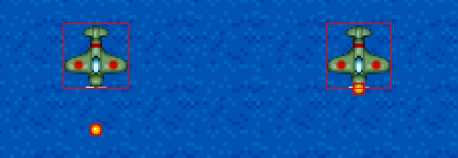 bounding boxes (hitboxes) of the sprites outlined in red; the sprites to the right are colliding with each other