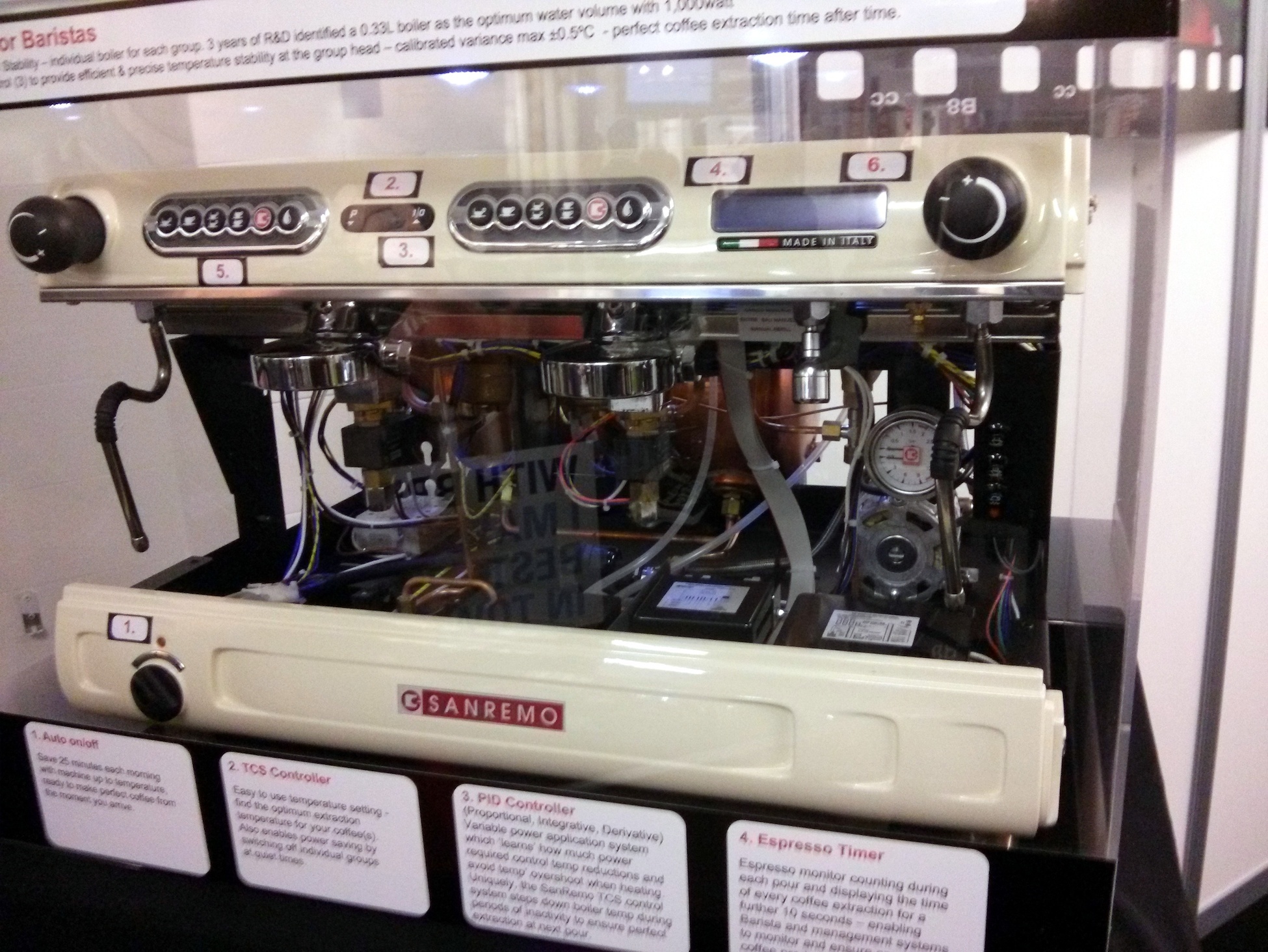 Transparent Sanremo espresso machine, London Coffee Festival, Truman Brewery, Brick Lane, Hackney, London, UK