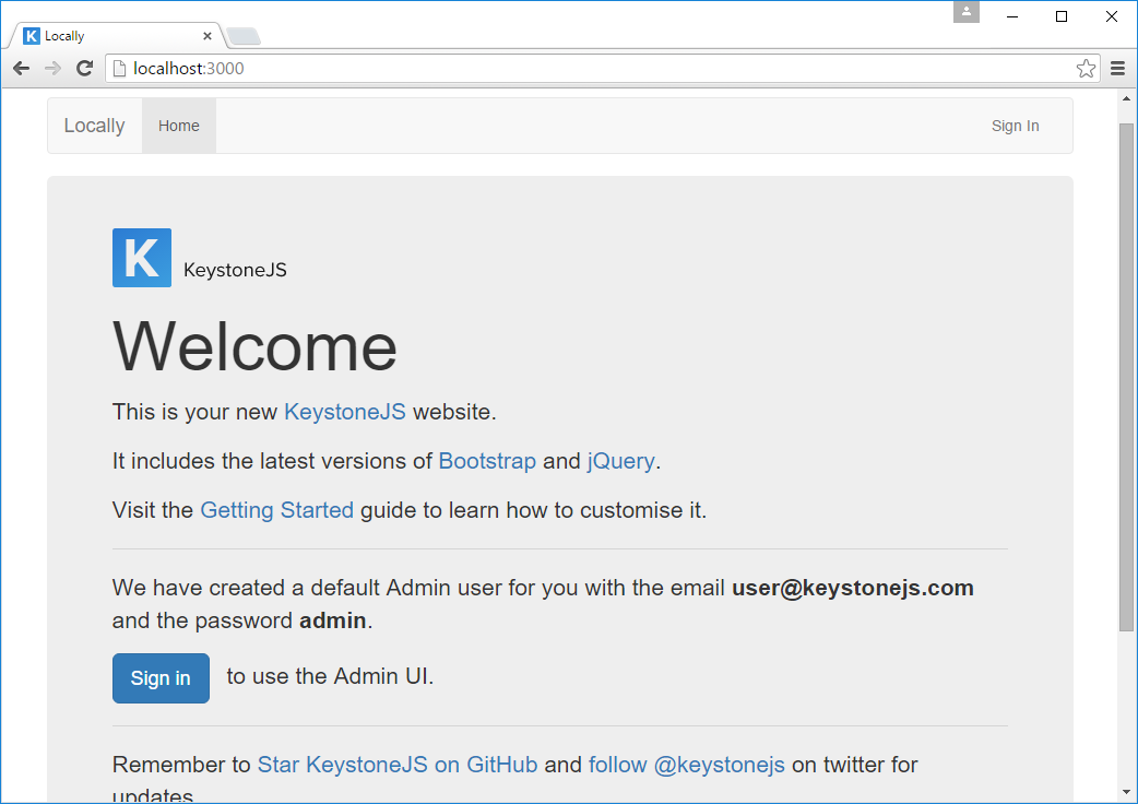 Keystone.js Default Landing Page