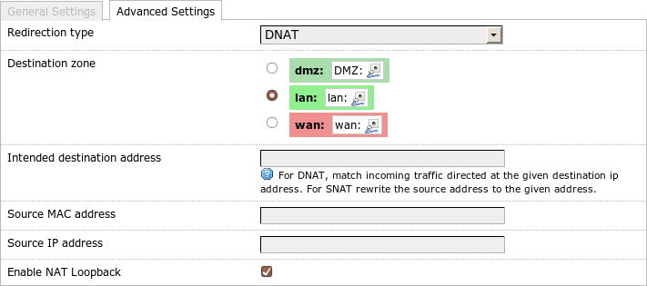 Redirection advanced settings