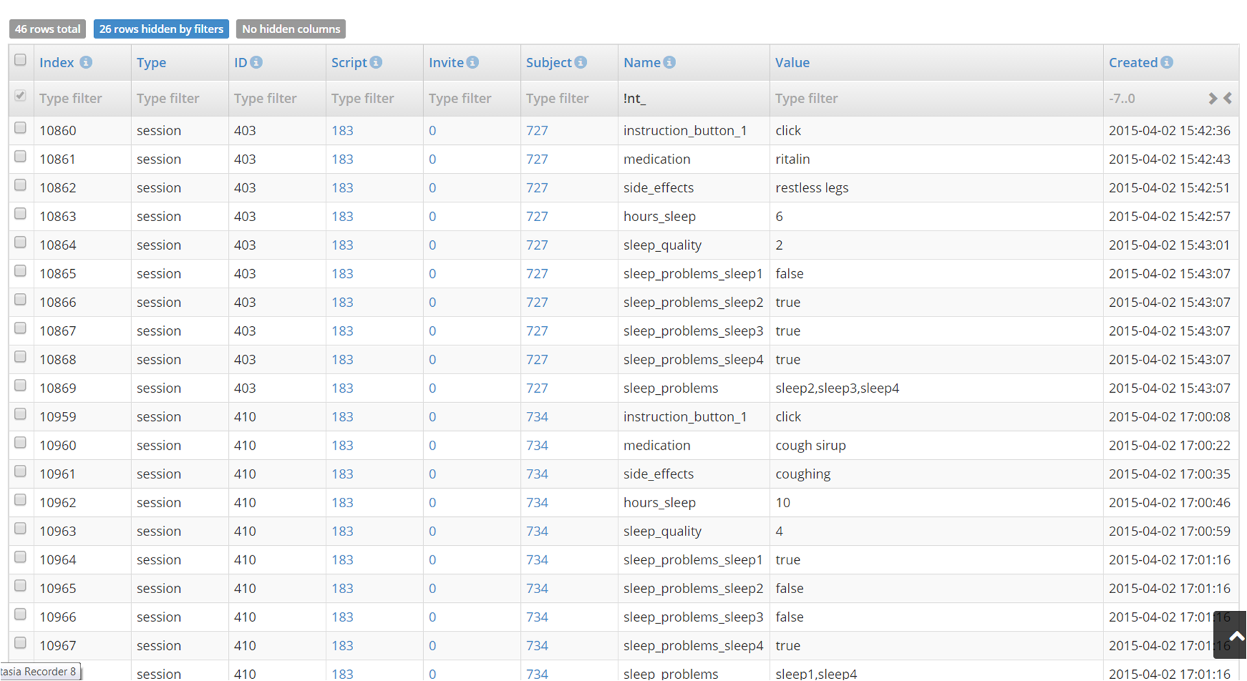 Data table for the sleep survey discussed in the previous chapter
