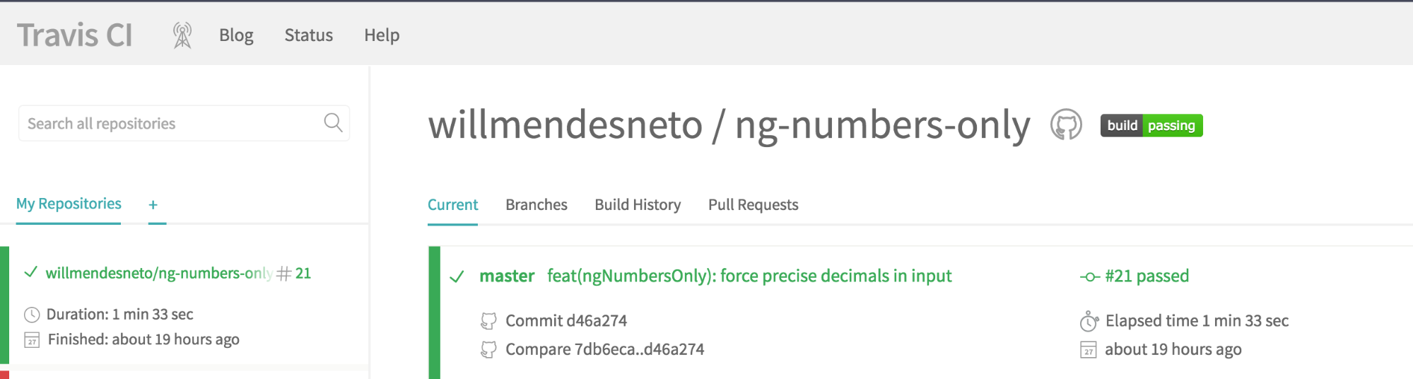 Página de um repositório configurado no Travis-CI