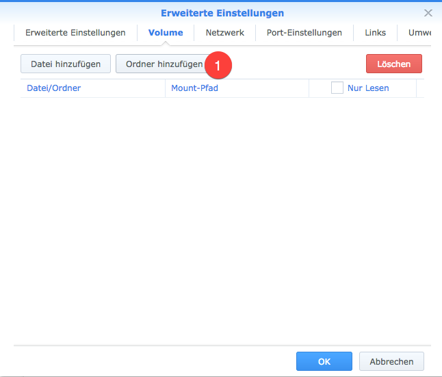 Docker - Synology Volumen Ordner Hinzufügen