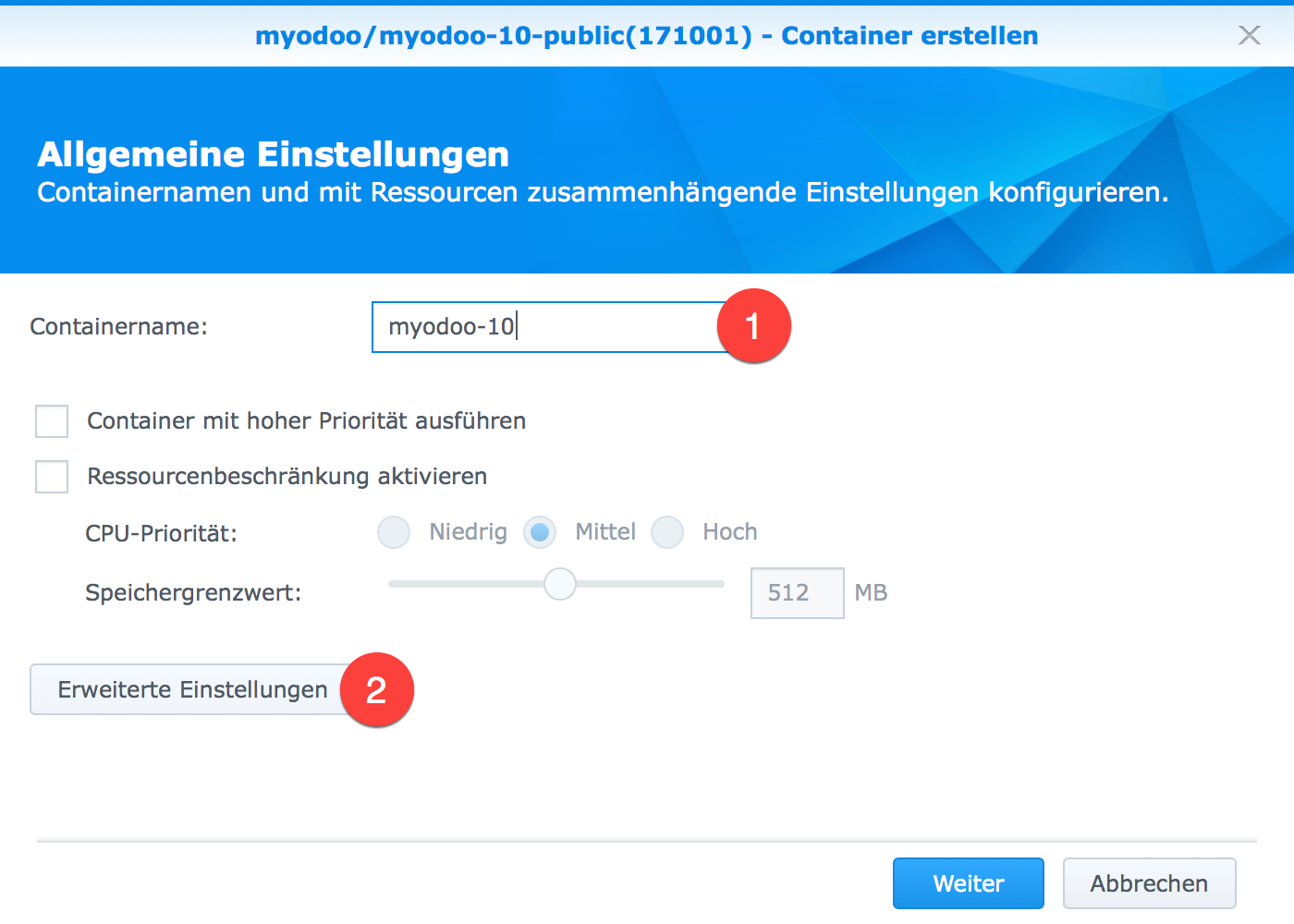 Docker - Synology MyOdoo Container konfigurieren 