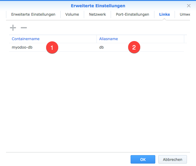 Docker - Synology MyOdoo Links zum PostgreSQL Container setzen 