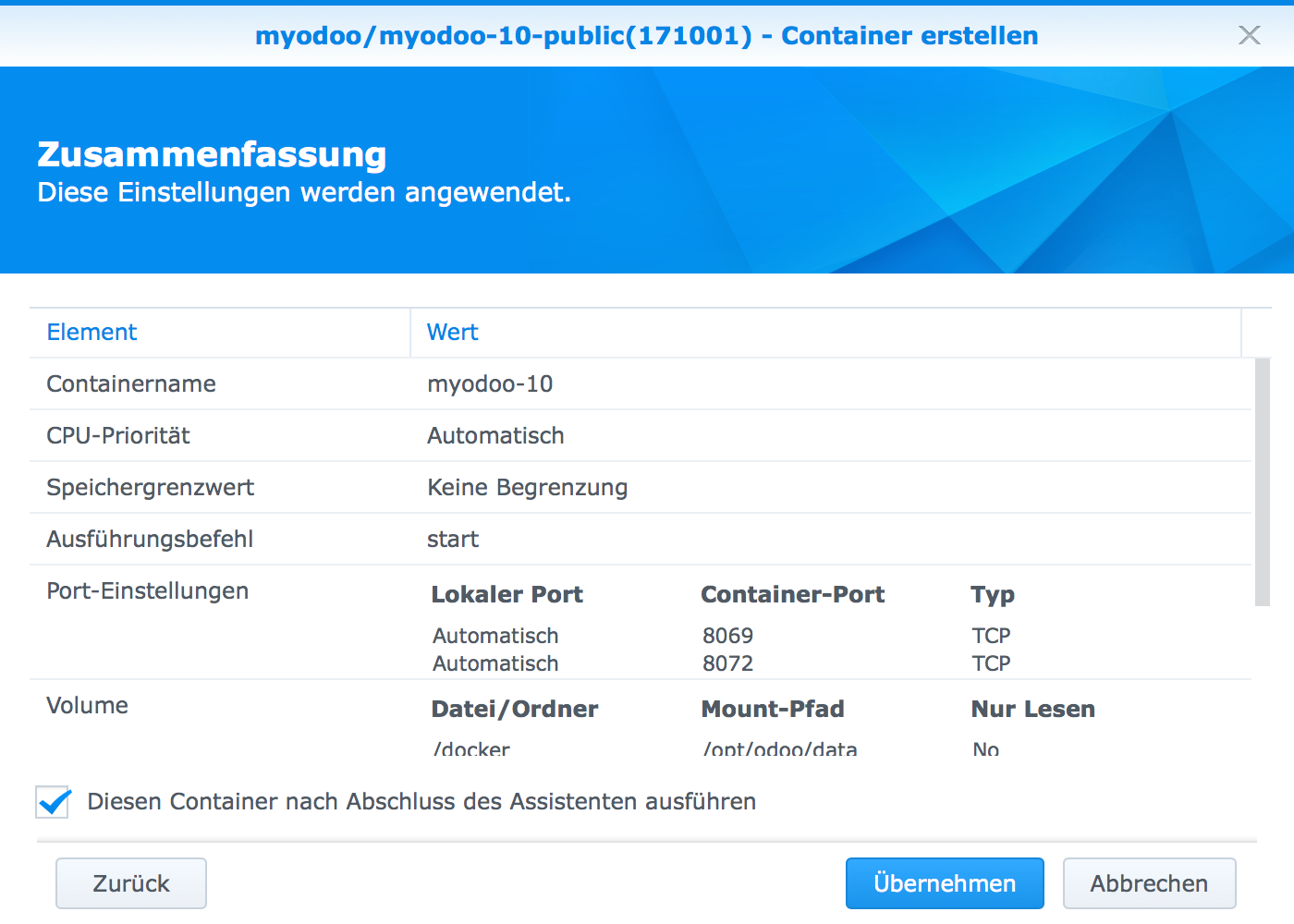 Docker - Synology MyOdoo Zusammenfassung
